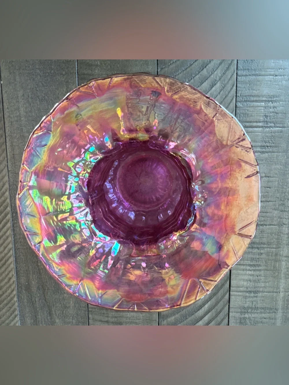 Vintage Silvestri Mouth-Blown Iridescent Pink/Purple Glass Vase W/Cage Neck Ring